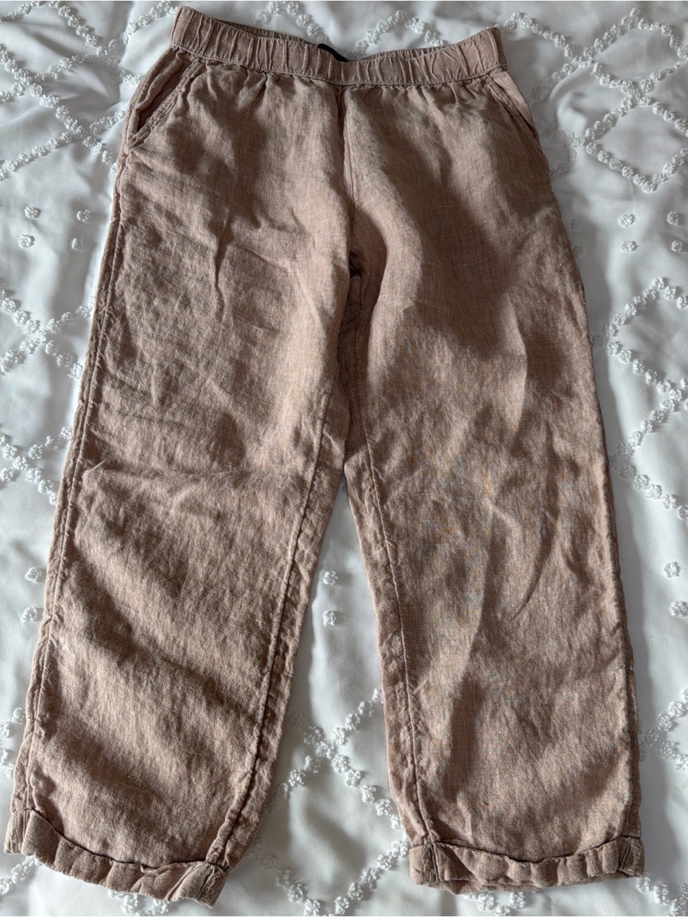 Rachel Roy Women’s S Beige 100% Linen Cropped Cuffed Pants Coastal Beach Resort